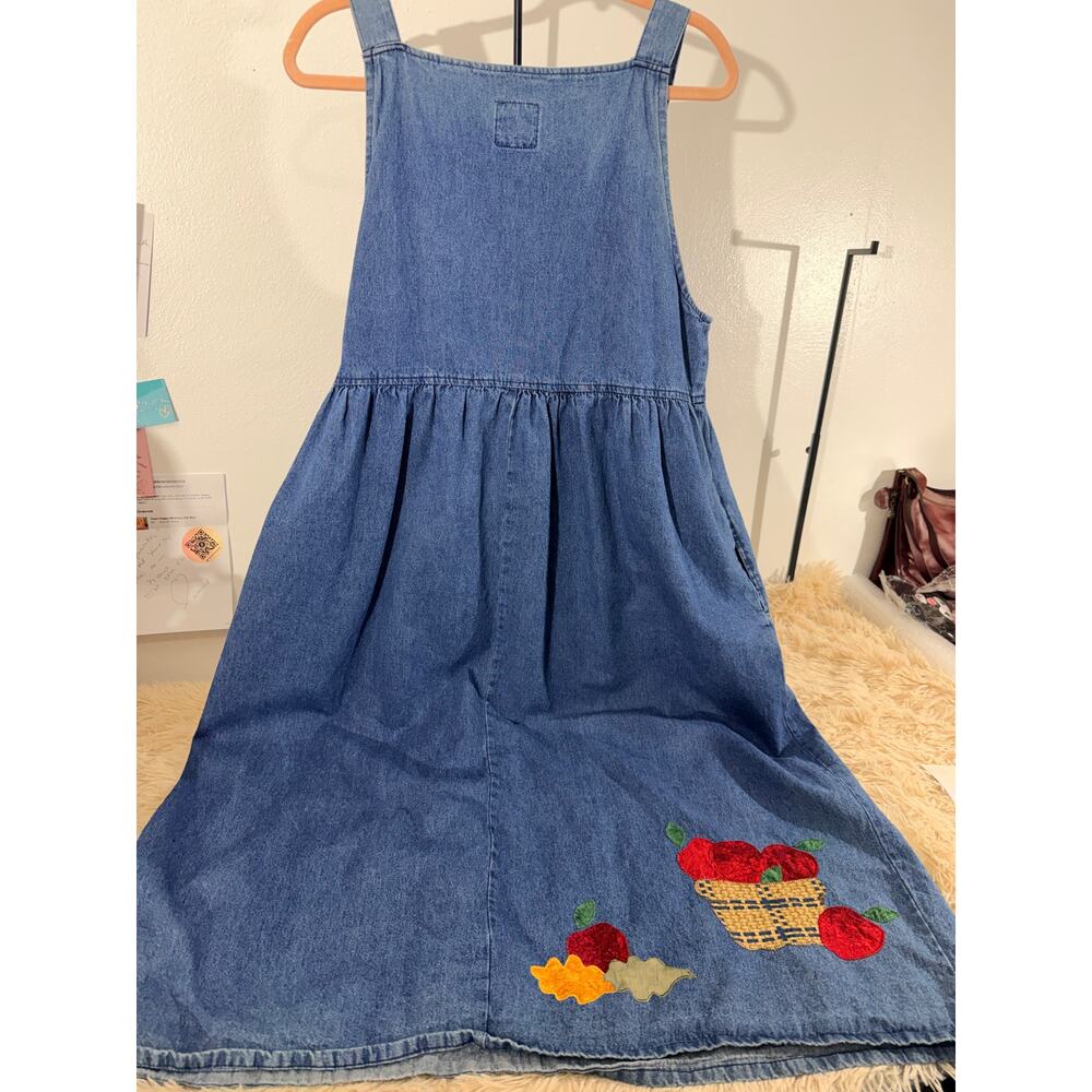 Vintage Sun Belt Denim Fall Applique Jumper Dress L - Picture 3 of 11